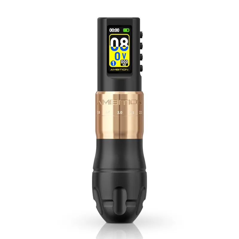 Ambition Tattoo C3 Wireless Tattoo Pen Machine in gold finish with digital display
