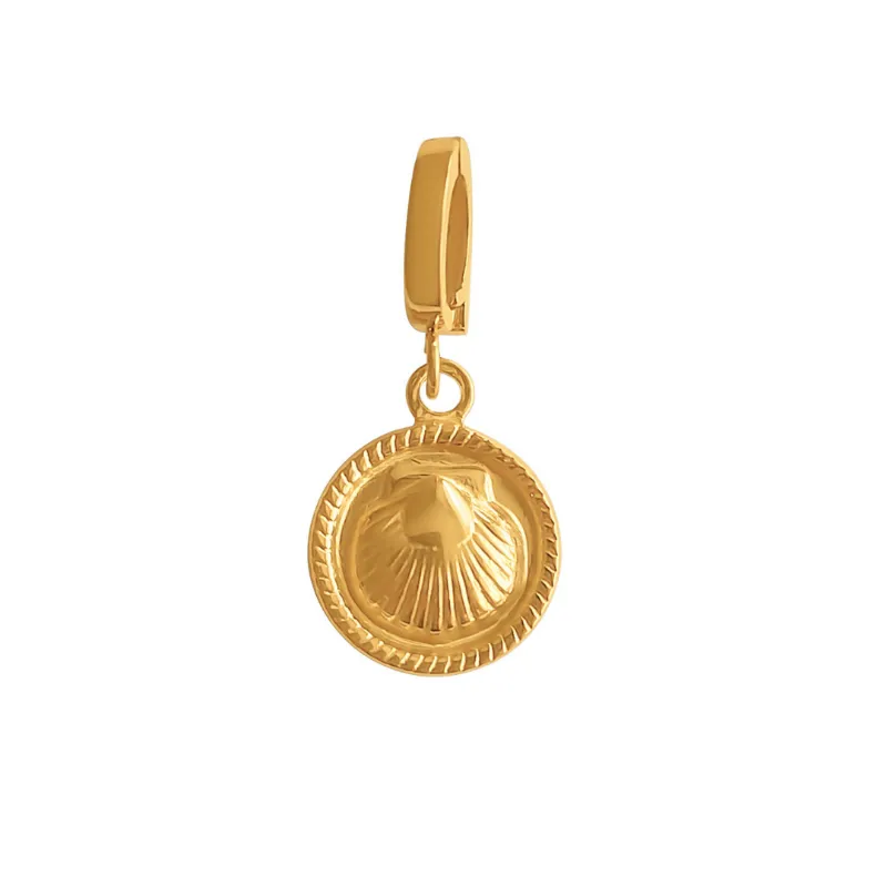 DORSYA Coin Gold Shell Charm with scallop shell on textured gold coin