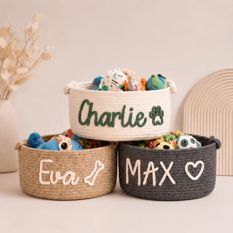 MamaRaya Personalized Dog Toy Basket with custom name lettering on soft cotton rope basket