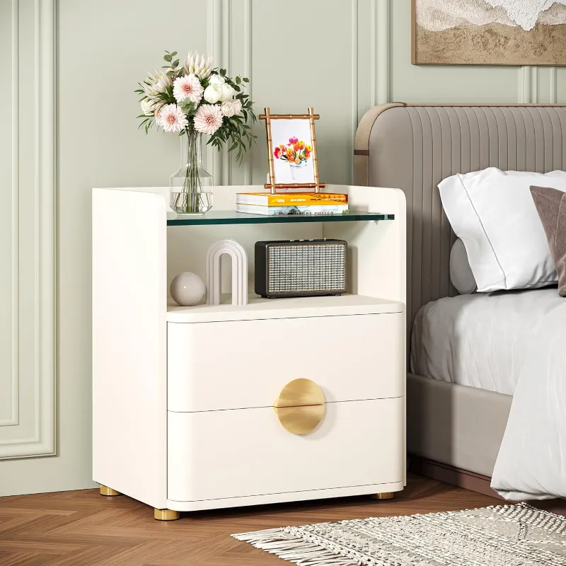 Tribesigns 2-Drawer Nightstand beige with tempered glass top and open storage niche