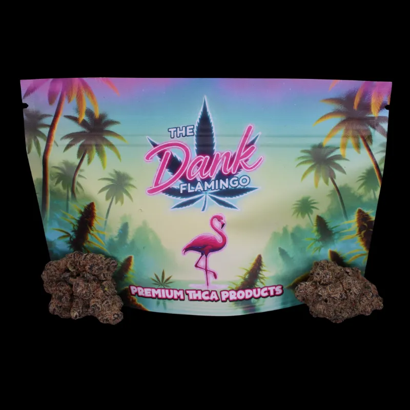 THCA Small Buds Dank Toad Exotic THCA Flower in Dank Flamingo mylar bag