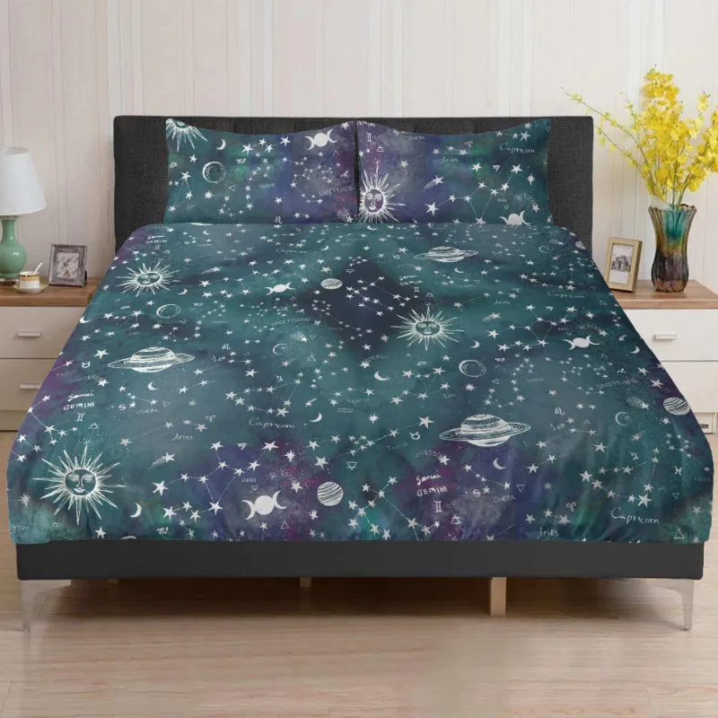 Spirit Nest Astrology Map Turquoise Bedding Set with constellation design on polyester duvet