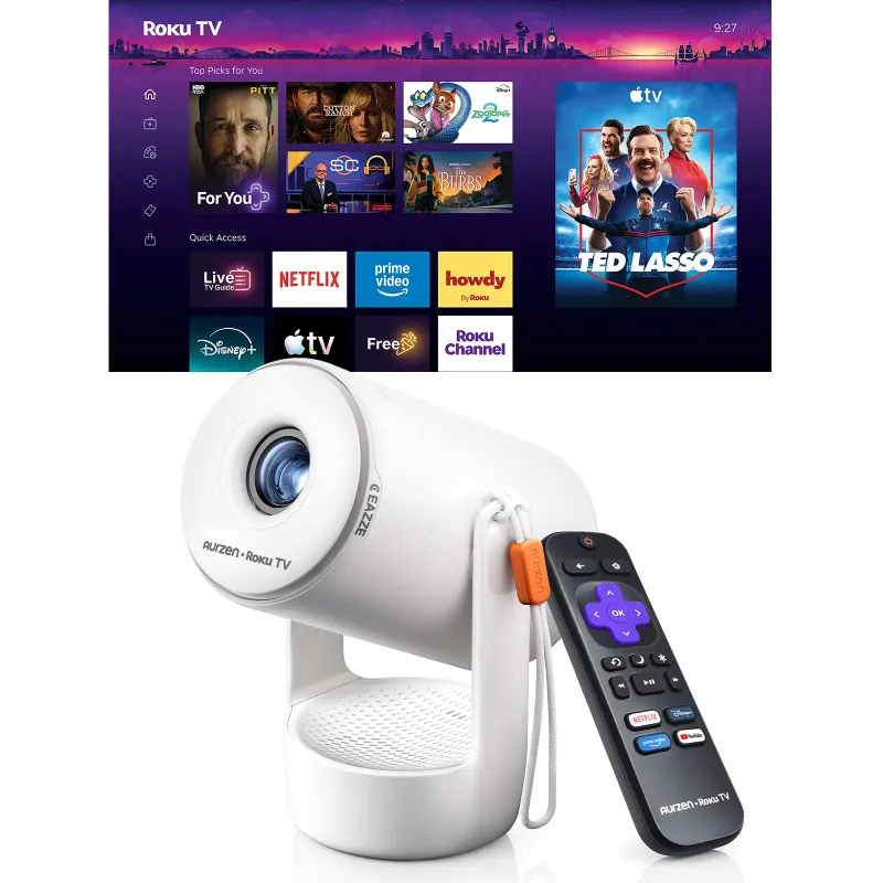 Aurzen EAZZE E1R Roku TV Smart Portable Mini Projector held in one hand showing its small size