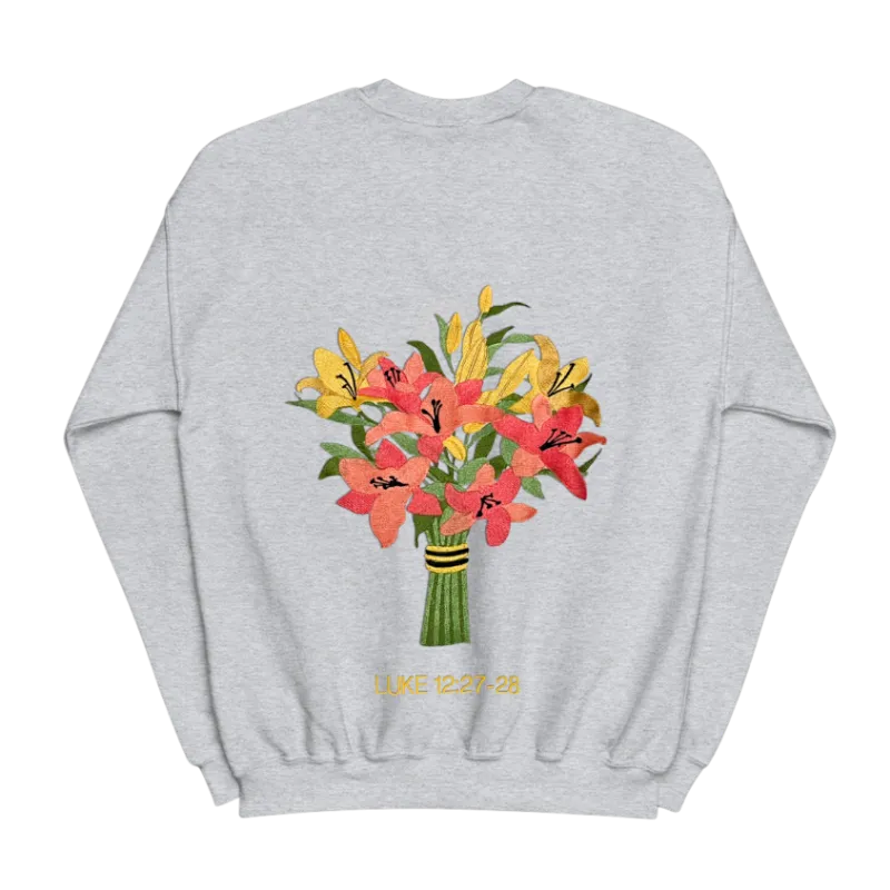 We The Believers Consider The Lilies Crewneck showing a heather gray pullover with embroidered details