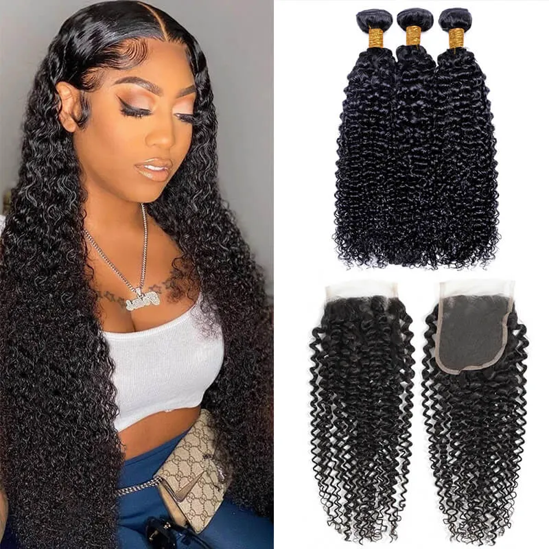 Megalook 10A Grade Human Hair Jerry Curly bundles with Swiss lace closure, tight curl pattern