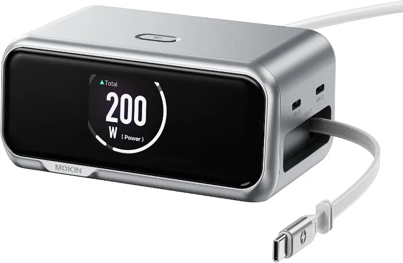 MOKiN 200W GaN Charger 6-Port with LCD Display and Retractable USB-C Cable showing ports and screen interface