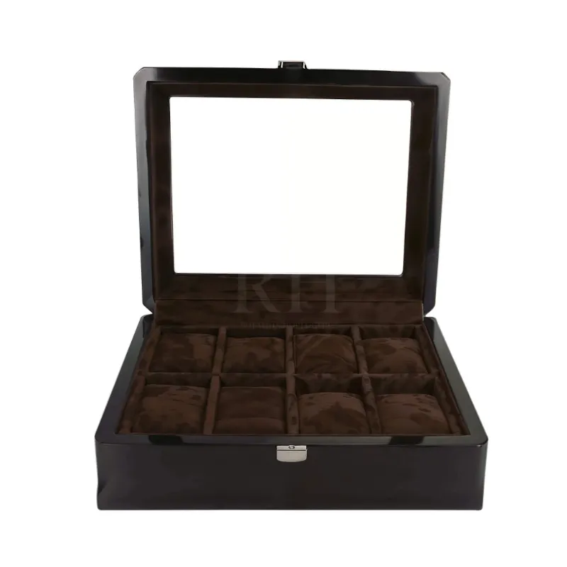 Rotation Horlogère Velar 8 wooden watch display case with glass lid and velvet cushions