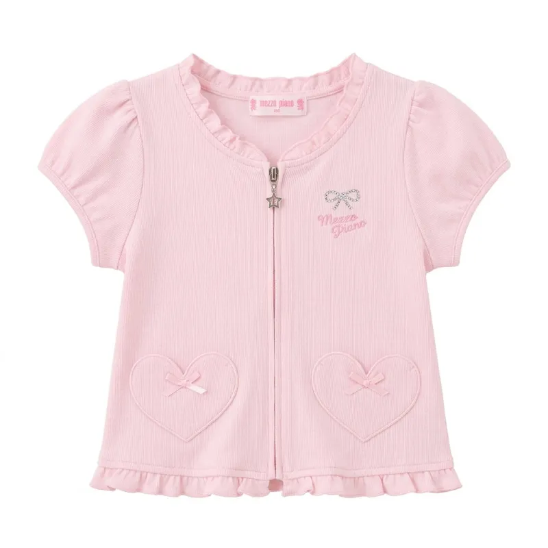 Shoptery Fairy Kei Pastel Pink Heart Bow Zip Ribbed Cardigan by Mezzo Piano in soft blush with bow accent
