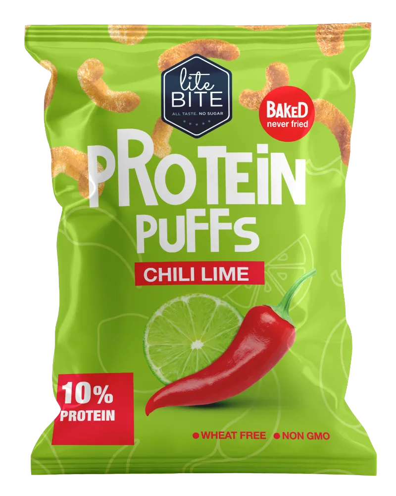 LiteBite Egypt Protein Puffs in Chili Lime flavor, baked puffed snack