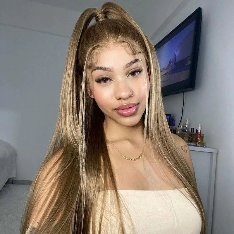 Megalook 13x4 lace honey blonde highlight straight wig with transparent lace front