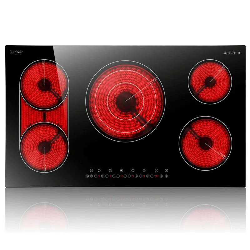 Karinear Appliances 36 Inch 5 Burner Electric Cooktop with bridge and triple-ring zones on black ceramic glass