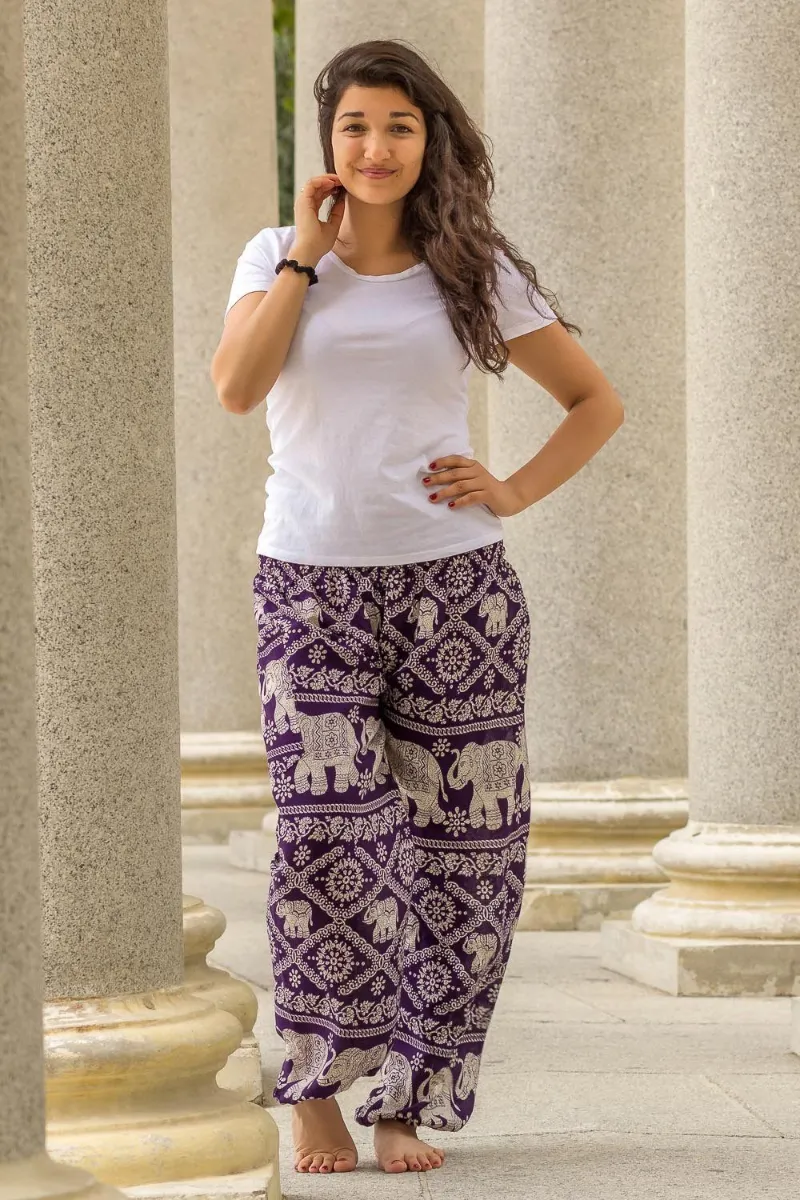 Hippie Pants Purple Fortune Pants, high-waisted harem pants with geometric and elephant print, front view