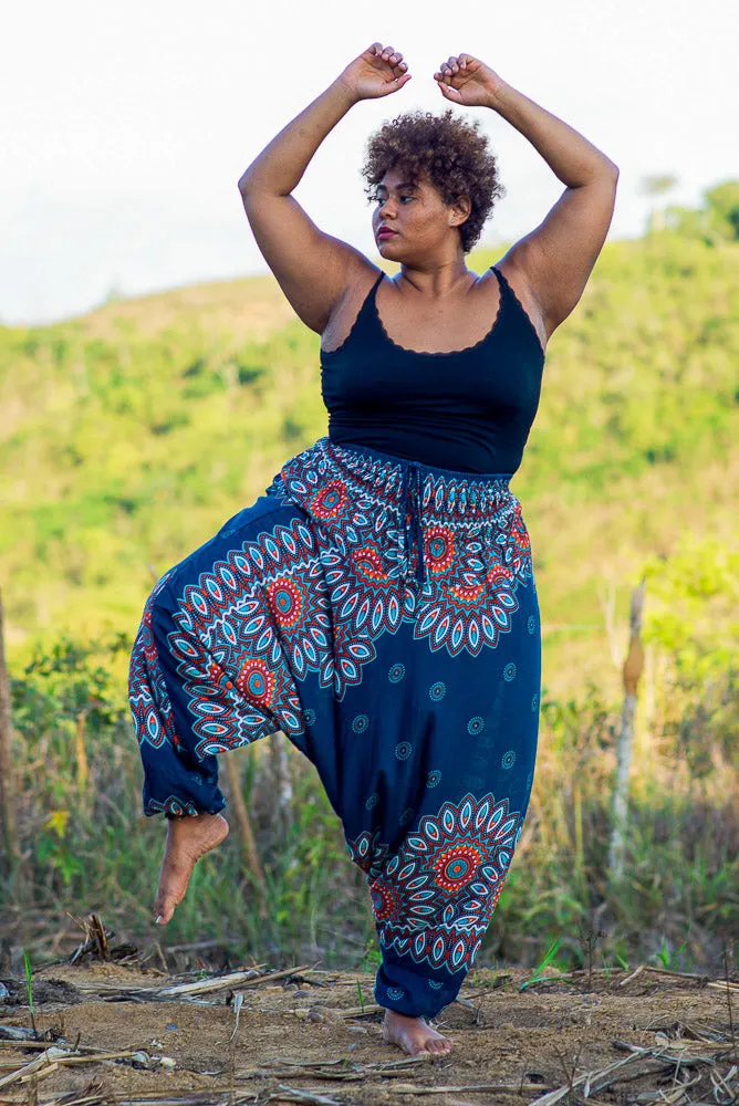 Hippie Pants Plus Size Teal Lotus Pants, teal harem pants with lotus design
