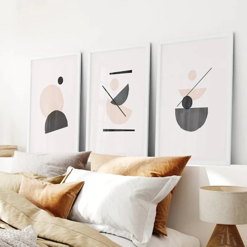 Wall Art Set 3 Piece Mid-Century Abstract Art. Beige and Black - geometric abstract art prints