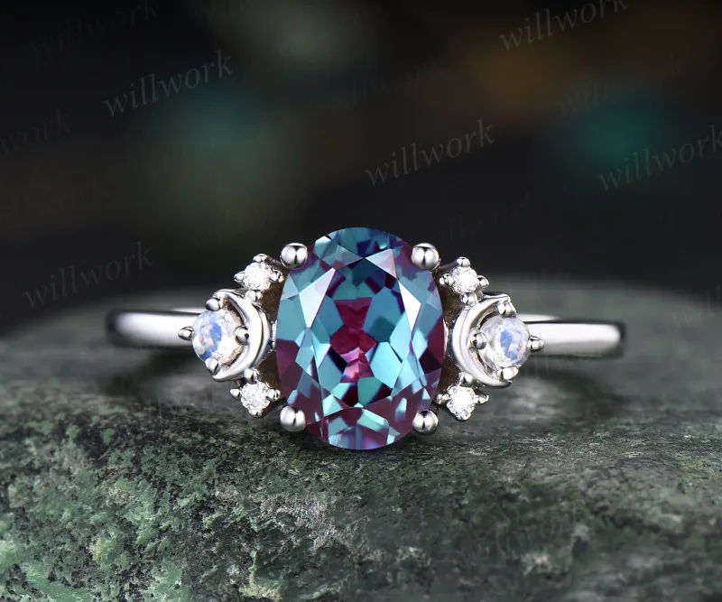WillWork Jewelry oval alexandrite crescent moon engagement ring with moonstone accents