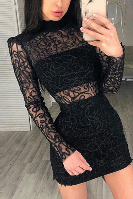 Mislish Black Lace Turtleneck See Through Bodycon Dress shown on model