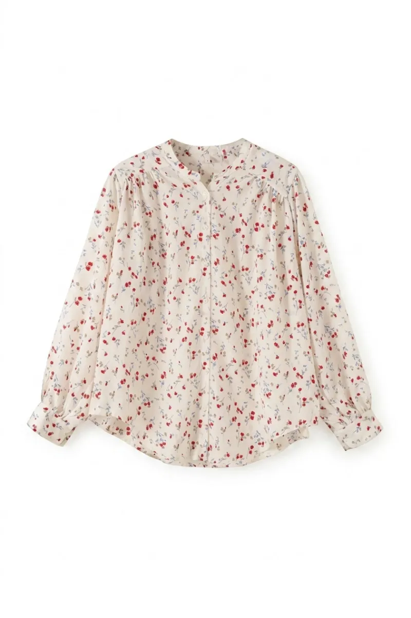 Cottagecore Clothes Cottagecore Scattered Bloom Blouse with ditsy red and blue floral print on ivory fabric