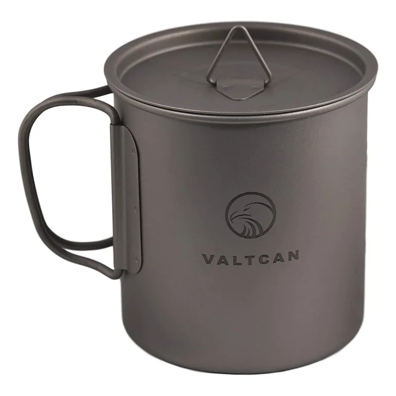 Valtcan Titanium Camping Cup with matching lid on white background