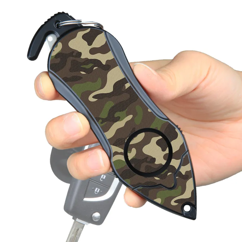 The Stinger Tools Stinger Personal Safety Alarm Keychain Emergency Tool in Camouflage Green with siren alarm, seat belt cutter, and glass br