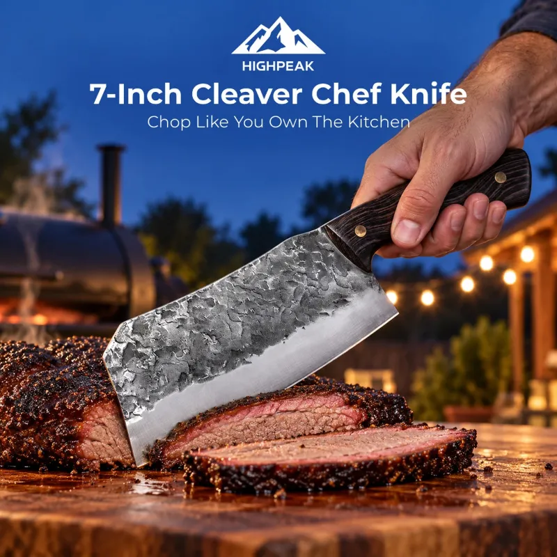HighPeak 7-Inch Cleaver Chef Knife with broad blade and wooden handle