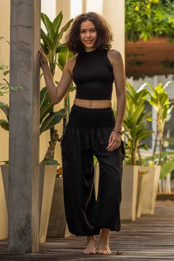 Hippie Pants Black Crystal Pants, black bamboo rayon yoga pants with smocked waist and pockets