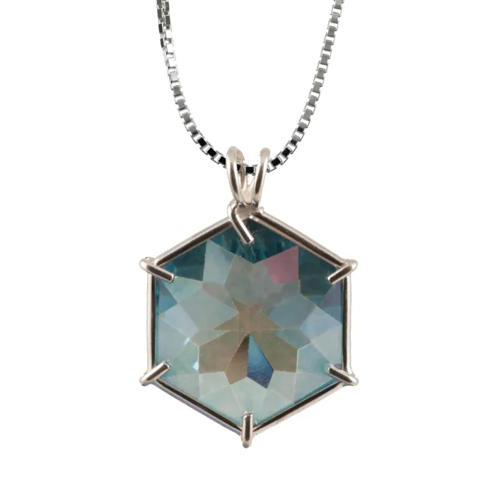 VOLTLIN Aqua Aura Quartz Flower of Life Chain Pendant on a sterling silver chain