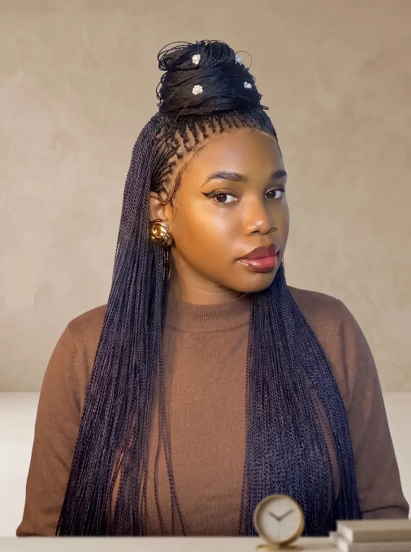 Jaliza Mica Micro Senegalese Twist Pre Bleached Swiss HD Full Lace Knotless Braids Wig shown on model