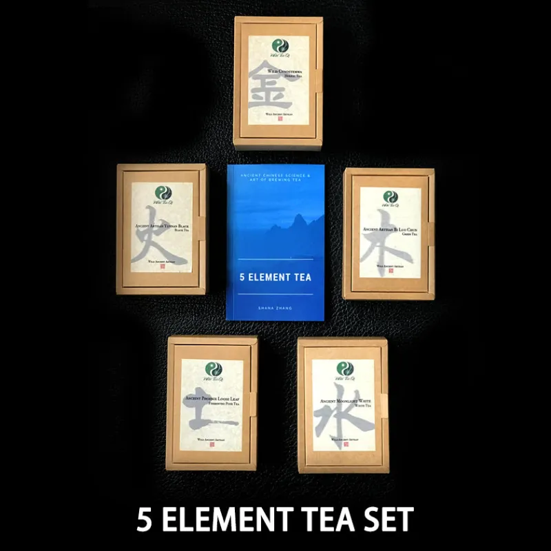 Wild Tea Qi 5 Element Tea Set showing five different tea packages and book arranged in a gift set