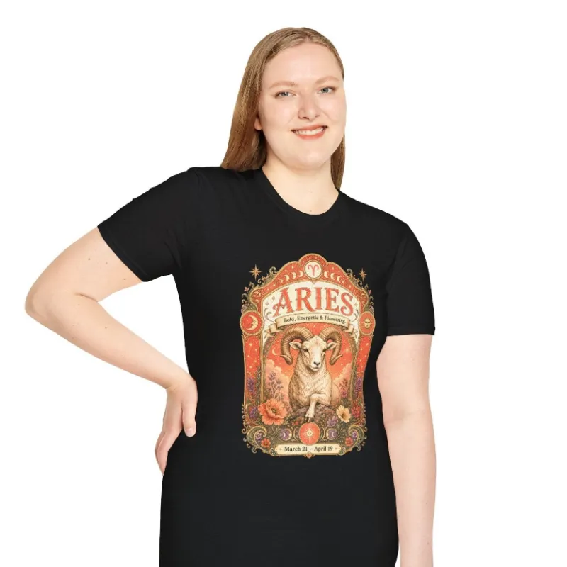 Spirit Nest Aries Zodiac Softstyle T-Shirt with celestial ram artwork on soft cotton