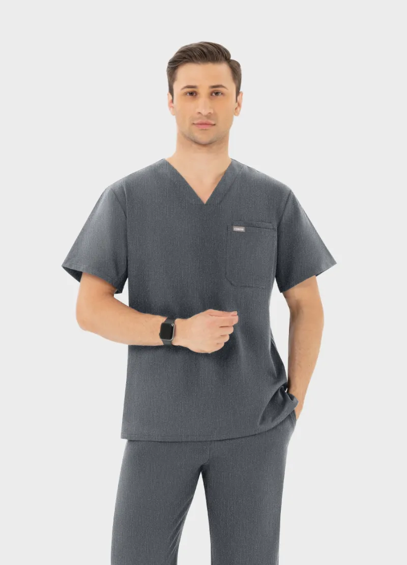 COMENII DynaComfort Essential Scrub Top Graphite front view showing V-neck and chest pockets