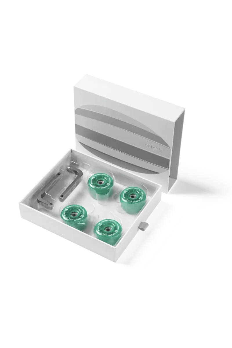 4MYTU Palette Wheels in Forest Green showing wear-resistant PU material and dual bearings