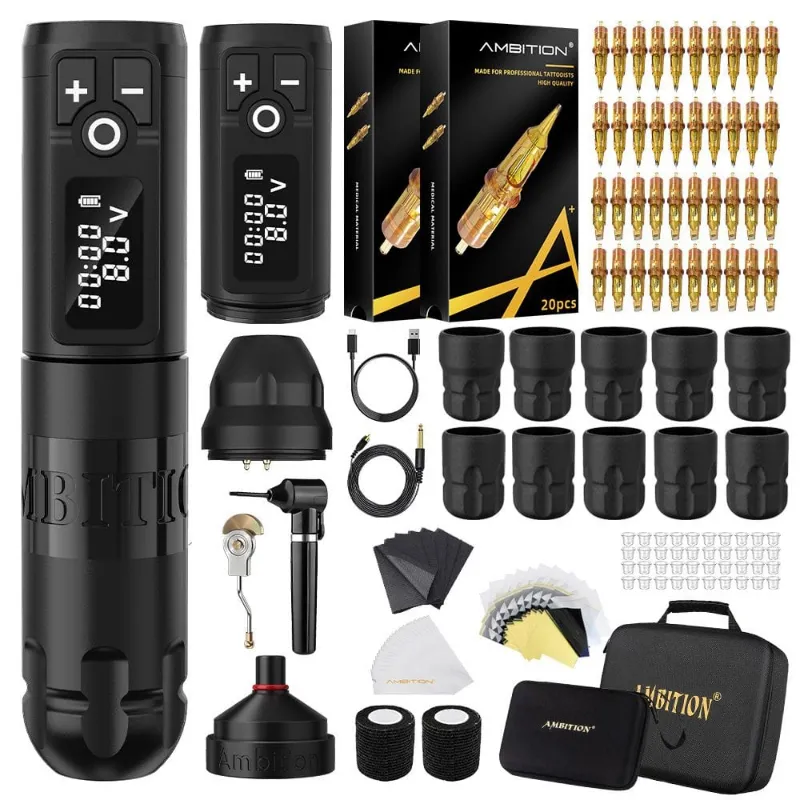 Ambition Tattoo Soldier Wireless Tattoo Machine Kit 3 with aluminium pen, battery, and premium cartridges