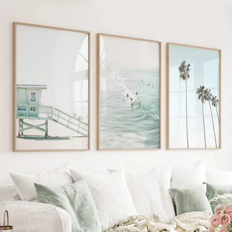 Wall Art Set California Coastal set of 3 prints with lifeguard surfers and palm trees