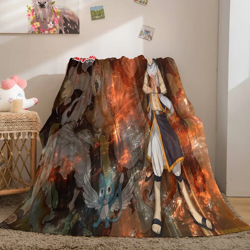 EBuycos Anime Fairy Tail Flannel Caroset Throw Blanket draped on couch