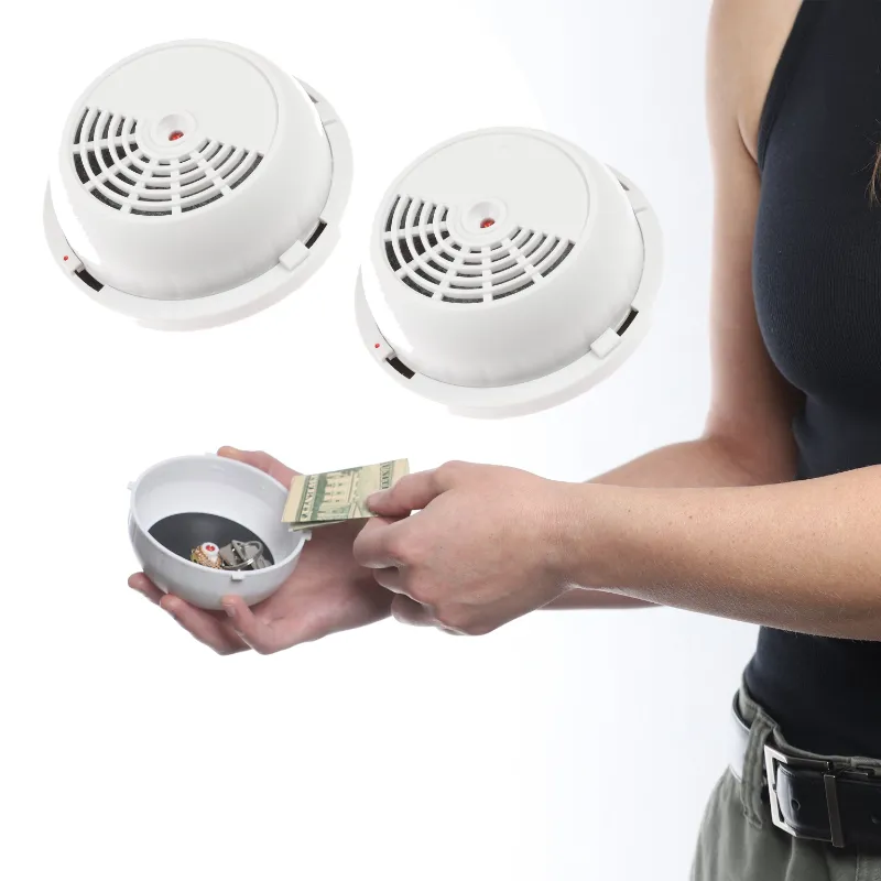 The Stinger Tools 2 pcs EchoSafe Fake Smoke Detector Hidden Safe mounted on white ceiling