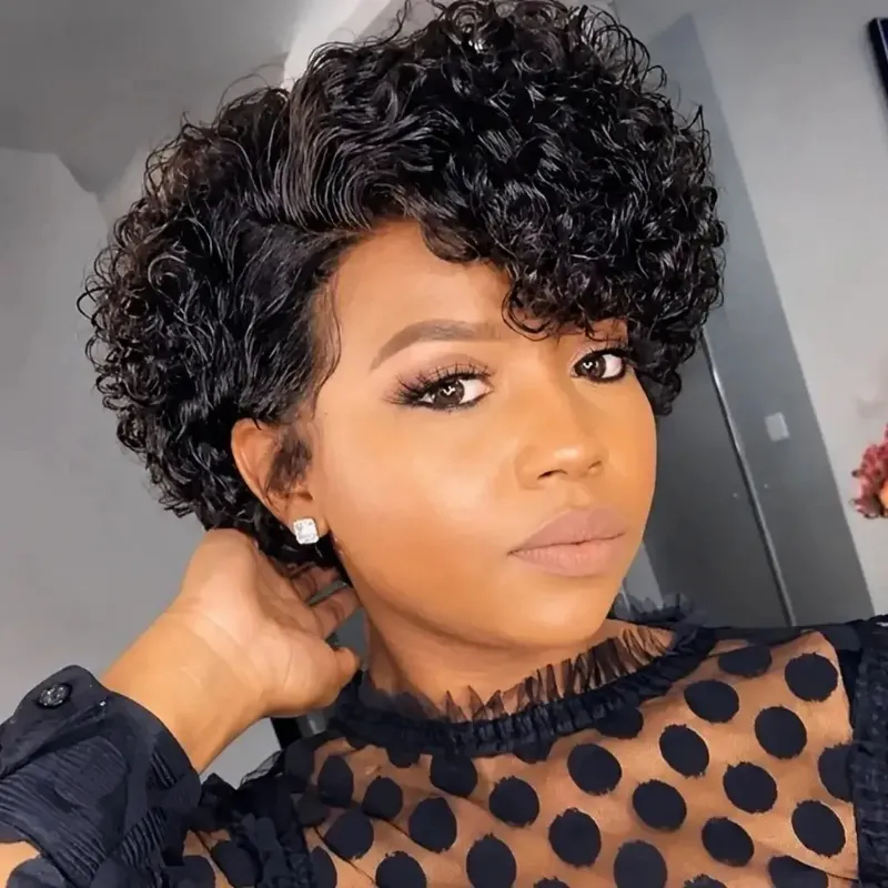 Hairsofly Shop (Ainesland) Deep Wave Pixie Bob Human Hair Wig showing short curly style with deep waves