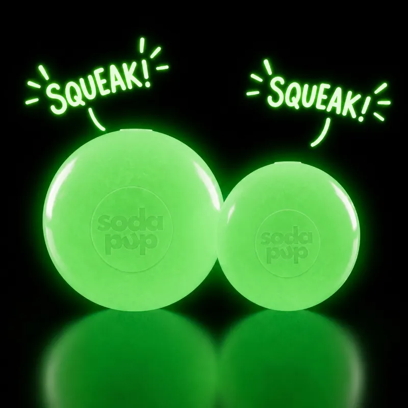 Soda Pup Glow in the Dark Squeak Ball durable squeaky dog toy that floats for night play