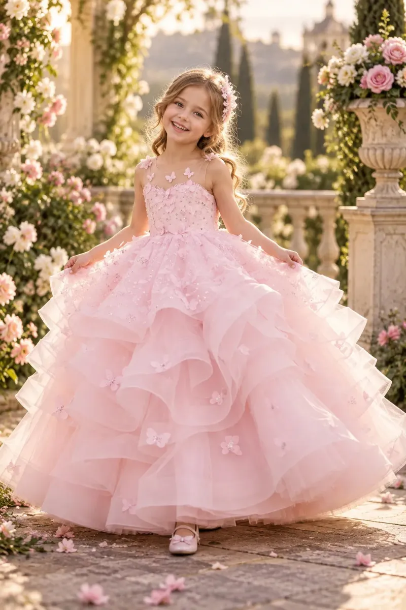 Wehilion Butterfly Pink Tulle Princess Dress, pink girls gown with butterfly details and full tulle skirt