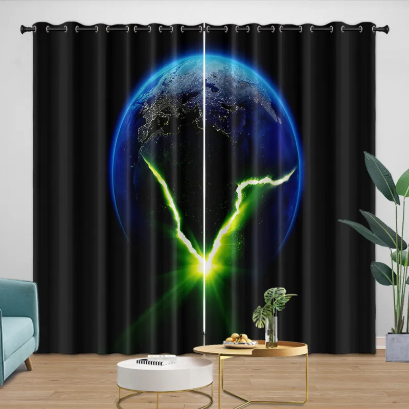 EBuycos Alien Earth Curtains Pattern Blackout Window Drapes, two-panel blackout curtains with alien design
