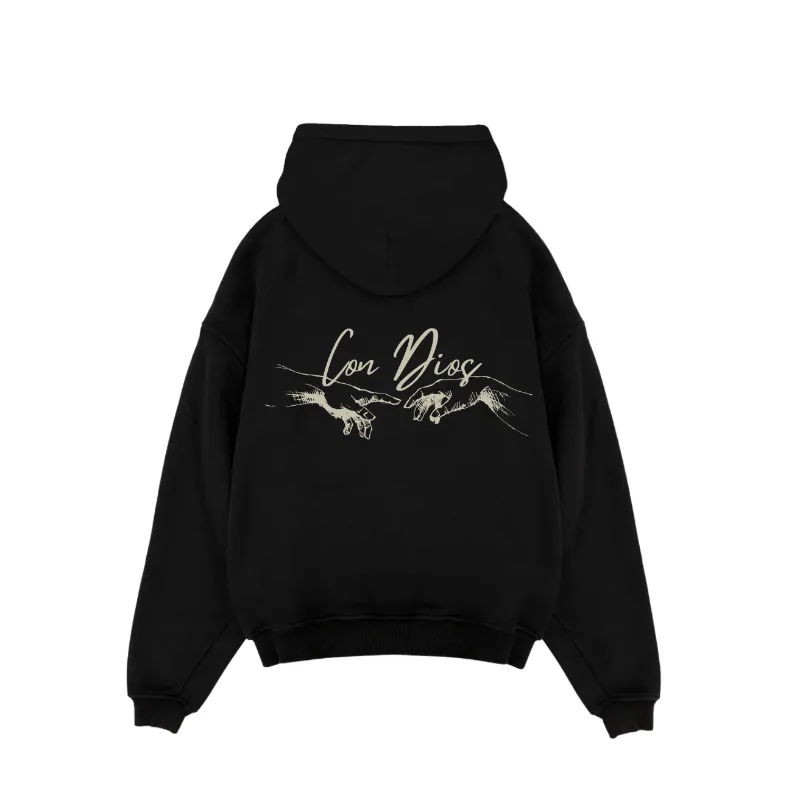 Nimodo Con Dios Hoodie in Midnight Black displaying the front of a soft fleece pullover hoodie