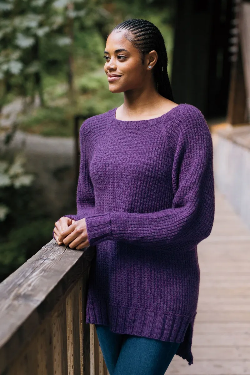 Kristen TenDyke Palora Pullover knitting pattern showing oversized cozy sweater in amethyst heather
