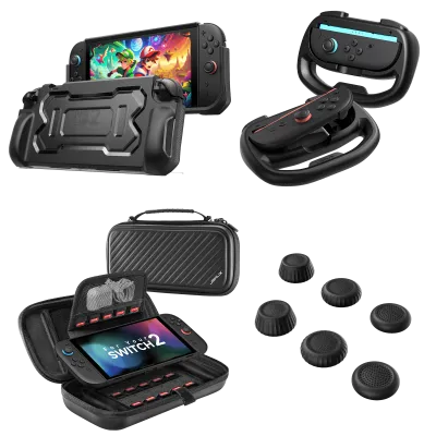 JSAUX Starter Protection Kit for Switch 2 showing four protective cases and carrying solutions