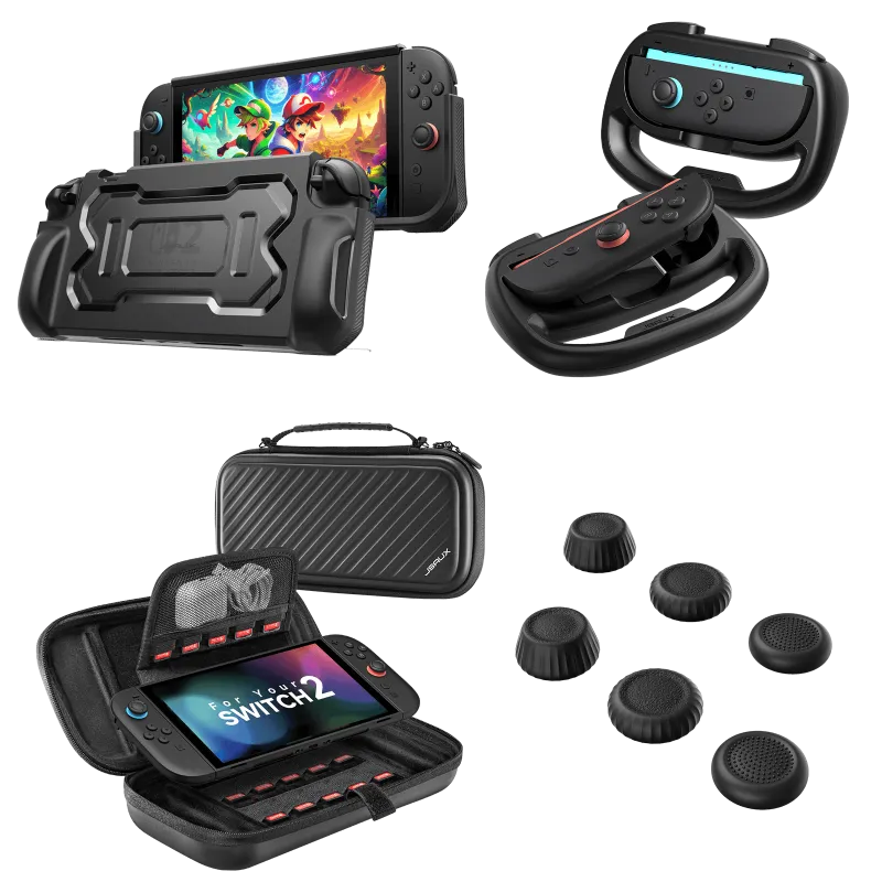 JSAUX Starter Protection Kit for Switch 2 showing four protective cases and carrying solutions