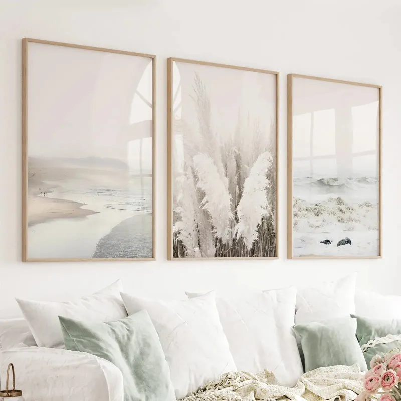 Wall Art Set Beige Boho Beach Wall Art. Set of 3 Prints - three coastal prints in beige tones
