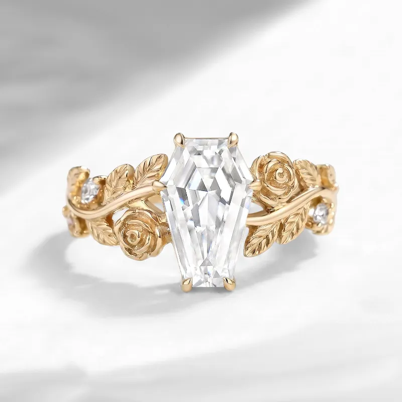 Starlandus A Rose Is A Rose Is A Rose nature inspired coffin colorless moissanite romantic rose flower engagement ring with leaf-inspired ba