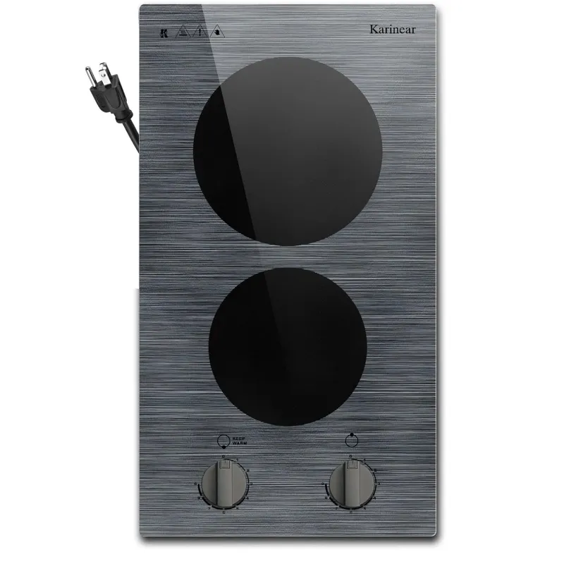 Karinear 2 Burner Electric Cooktop With Woodgrain Pattern, glass top with wood-look design