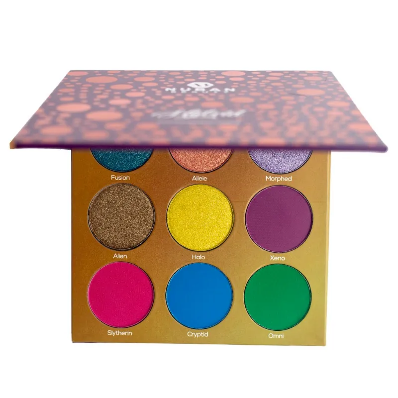 Nuban Beauty Hybrid Eyeshadow Palette open, showing nine bright blue, purple, pink and green shades