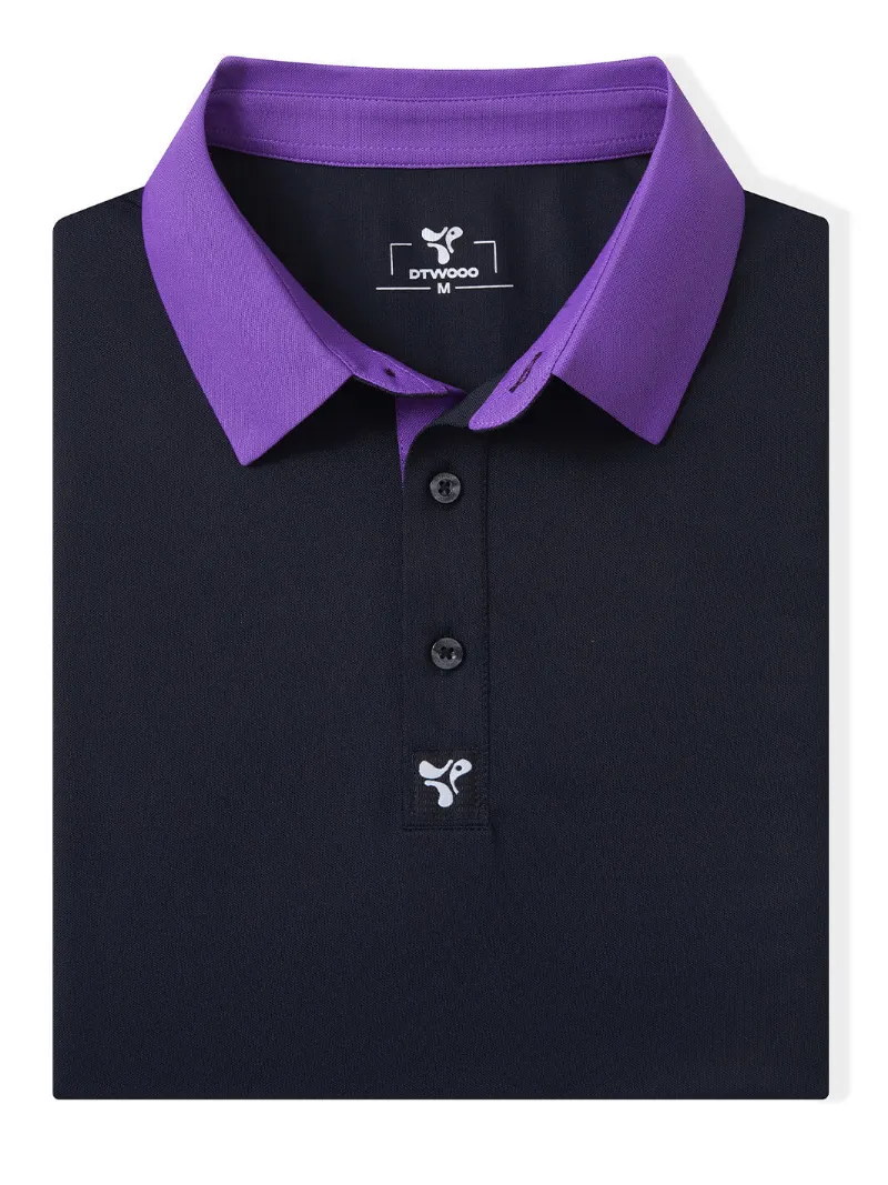 DTWOOO Men's Tech Pique Performance Polo in black, front view showing structured collar