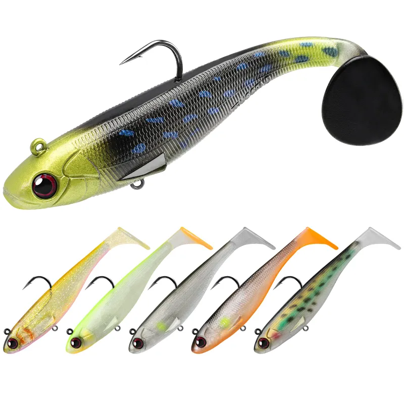 Truscend Fishing Easy Catch Pre-Rigged Soft Lures with vibrating paddle tail and holographic detail