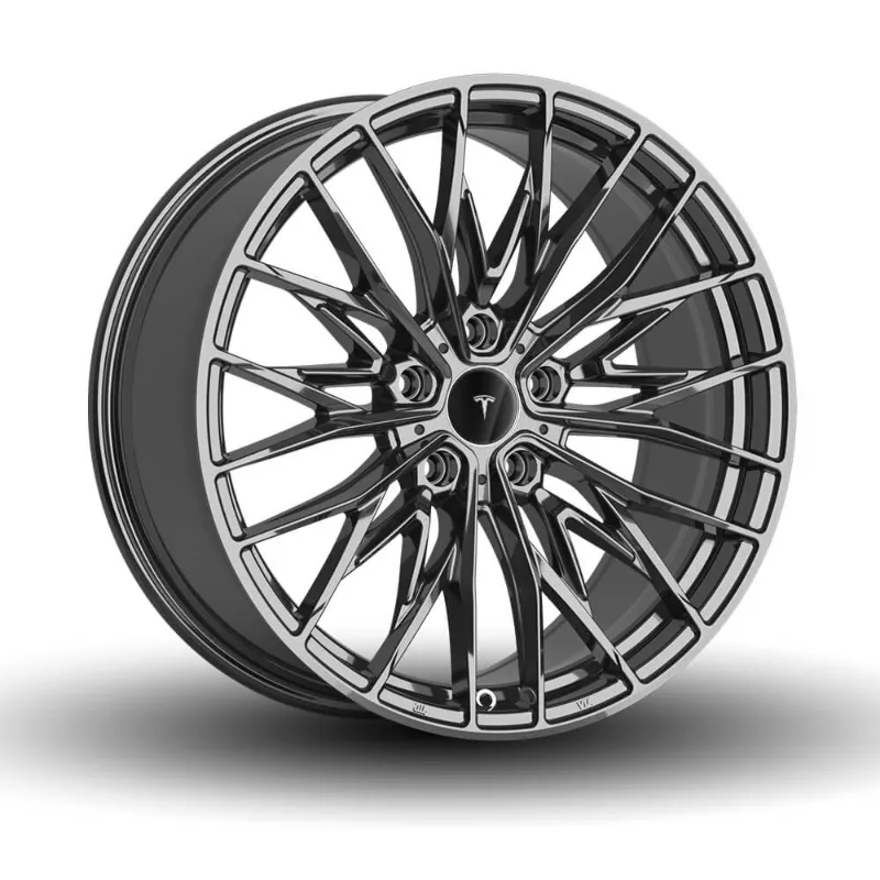 Tesstudio 18-inch Tesla Model 3 and Highland multi-spoke wheel set showing metallic black finish
